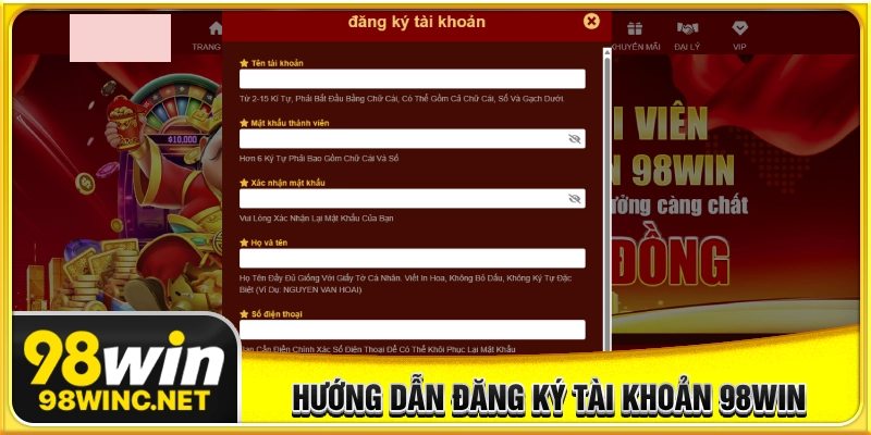 Hướng dẫn đăng ký tài khoản 98WIN