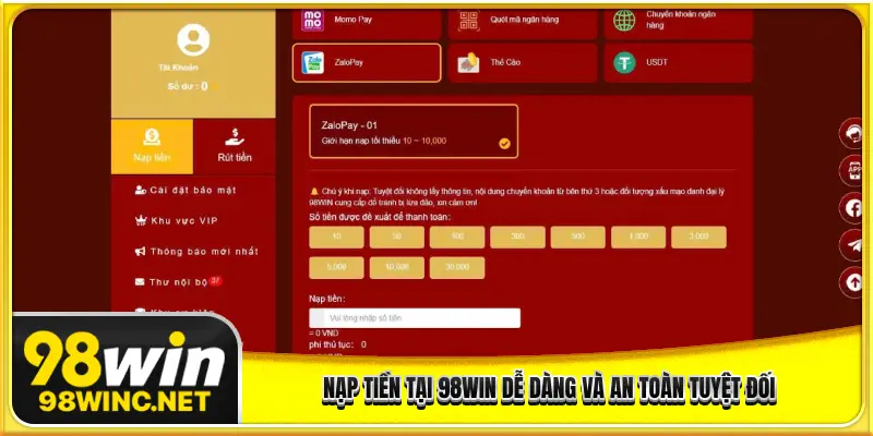 nạp tiền tại 98WIN